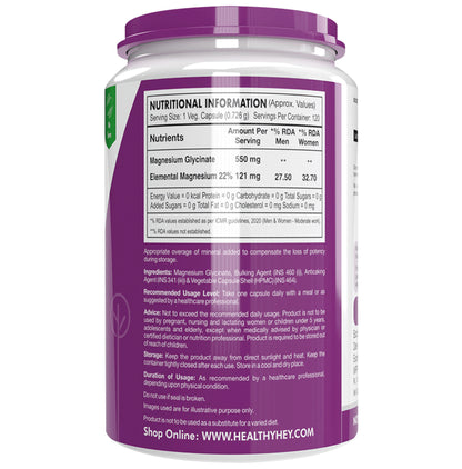 HealthyHey Nutrition Magnesium Glycinate 550mg | Veg Capsule for Muscles, Nerves & Sleep Support