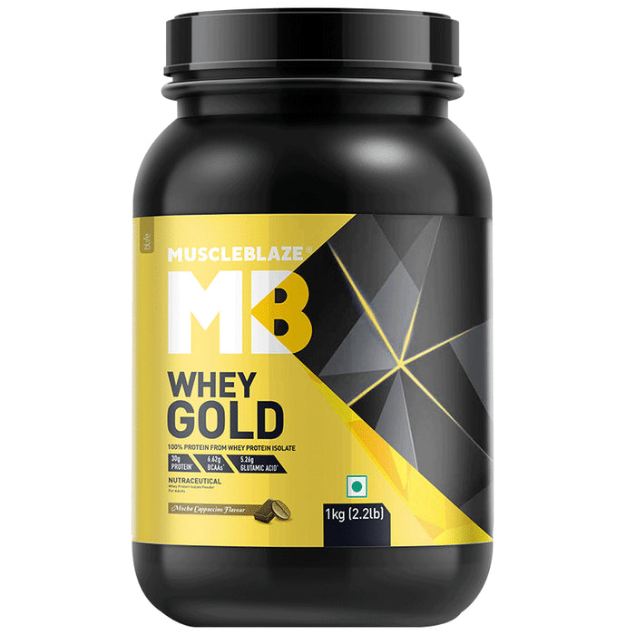 MuscleBlaze Whey Gold 100% Whey Protein Isolate | With Digestive Enzymes | Powder for Muscle Synthesis | Flavour Powder Mocha Cappuccino - Classic Derma