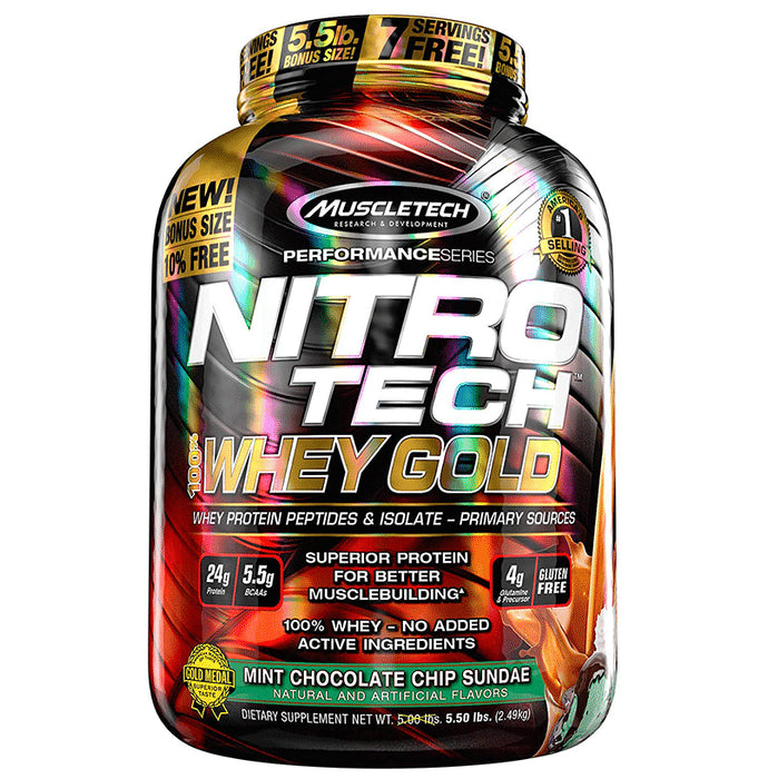 Muscletech Performance Series Nitro Tech 100% Whey Gold Whey Protein Peptides & Isolate Mint Chocolate Chip Sundae - Classic Derma