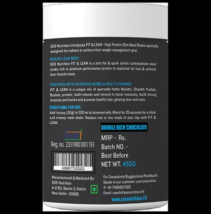 SOS Nutrition Fit & Lean High Protein Slim Meal Shake Double Rich Chocolate