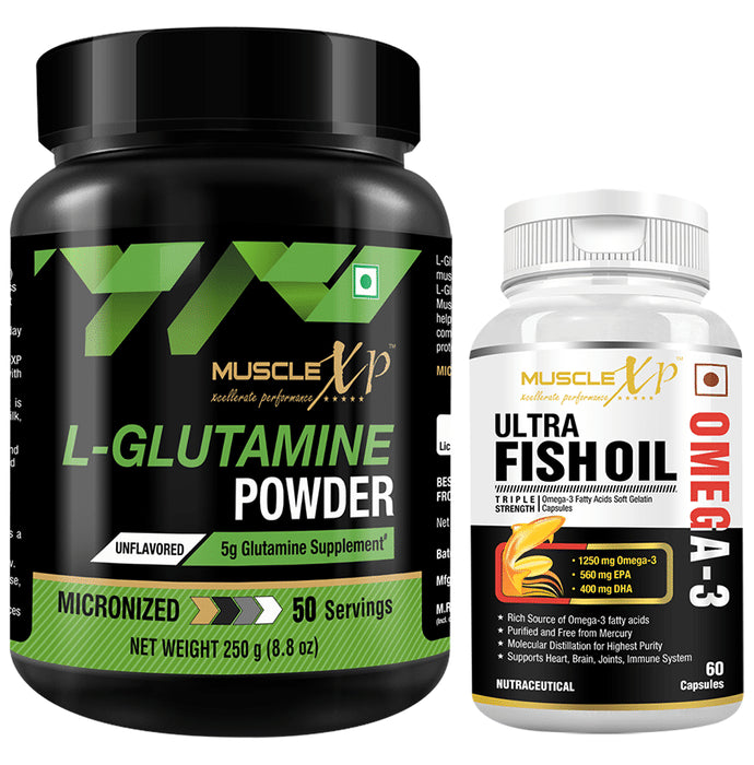 MuscleXP Combo Pack of L-Glutamine Powder Unflavoured (250gm) & Omega 3 Ultra Fish Oil Capsule (60) - Classic Derma