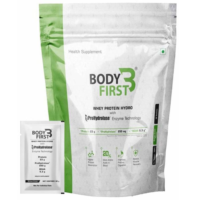 Body First Whey Protein Hydro with Prohydrolase Enzyme Technology Sachet (32gm Each) Orange Cream - Classic Derma