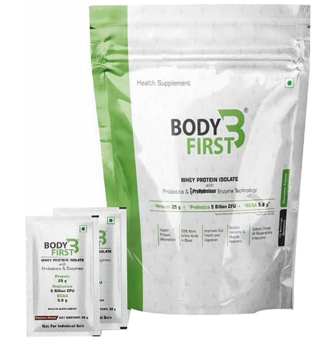 Body First Whey Protein Isolate with Probiotics and Prohydrolase Enzyme Technology (32gm Each) Chocolate - Classic Derma
