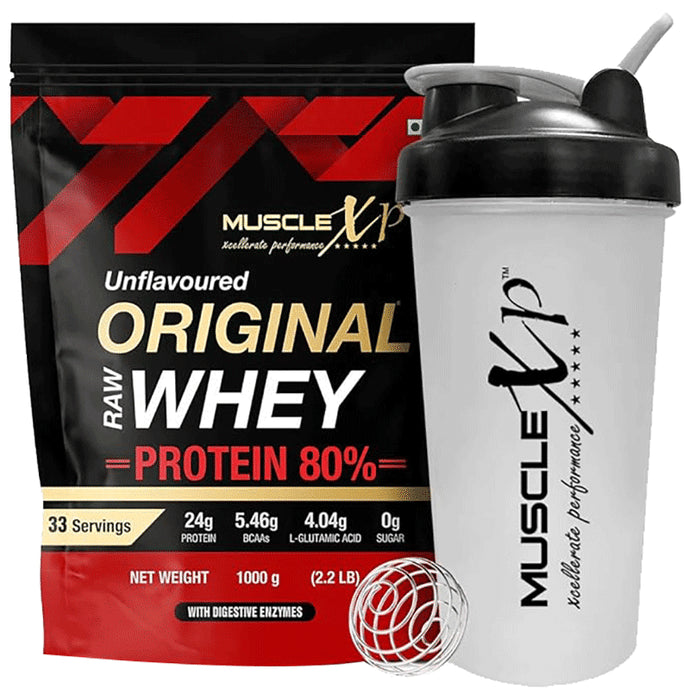 MuscleXP Raw Whey Protein 80% with Digestive Enzymes | Zero Sugar | Flavour Unflavored with Shaker - Classic Derma