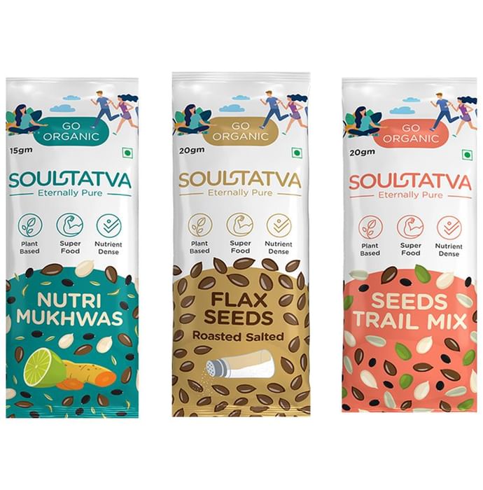 Soultatva Combo Pack of Nutri Mukhwas 15gm, Flax Seeds Roasted Salted 20gm & Seeds Trail Mix 20gm (4 Each) - Classic Derma