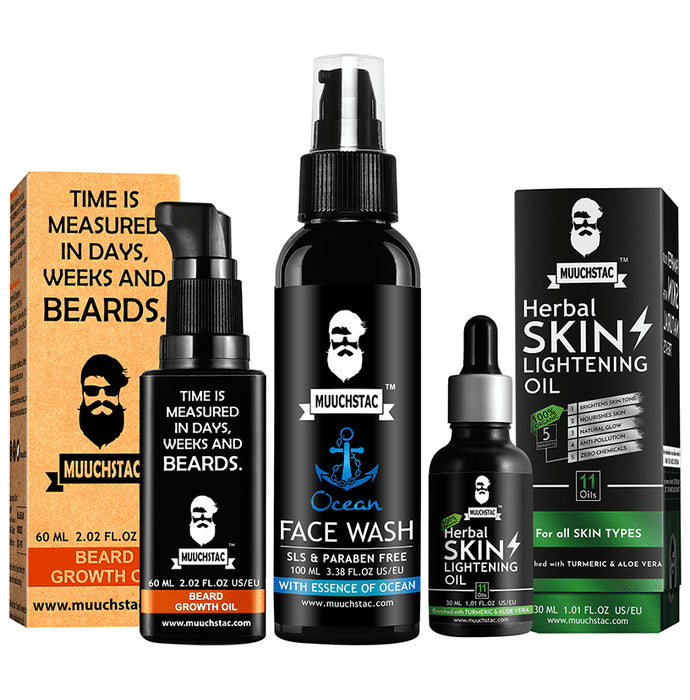 Muuchstac Combo Pack of Beard Growth Oil 60ml, Ocean Face Wash 100ml & 100% Organic Skin Lightening Oil 30ml - Classic Derma