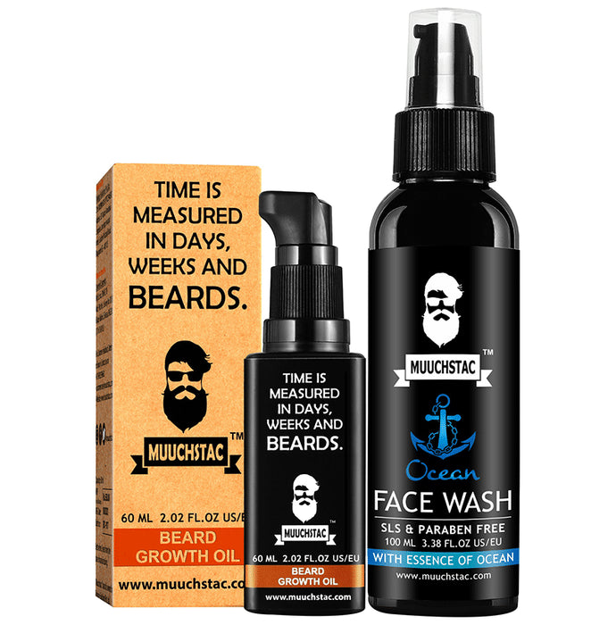 Muuchstac Combo Pack of Beard Growth Oil 60ml & Ocean Face Wash 100ml - Classic Derma