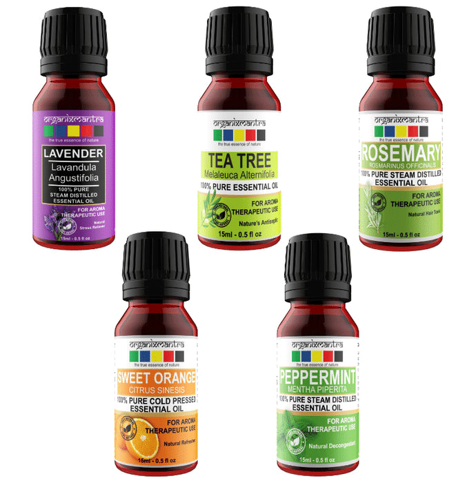 Organix Mantra Combo Pack of Lavender, Tea Tree, Rosemary, Sweet Orange and Peppermint Essential Oil (15ml Each) - Classic Derma
