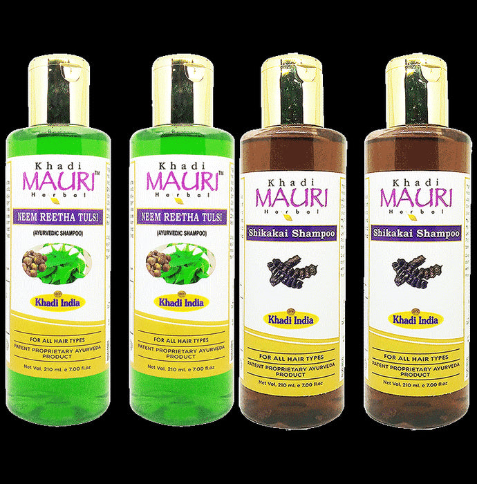 Khadi Mauri Herbal Combo Pack of Neem Reetha Tulsi & Shikakai Shampoo (210ml Each) - Classic Derma