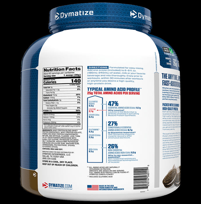Dymatize Nutrition Elite 100% Whey Protein | With BCAAs & Leucine | For Muscle Recovery | Powder Cookies and Cream