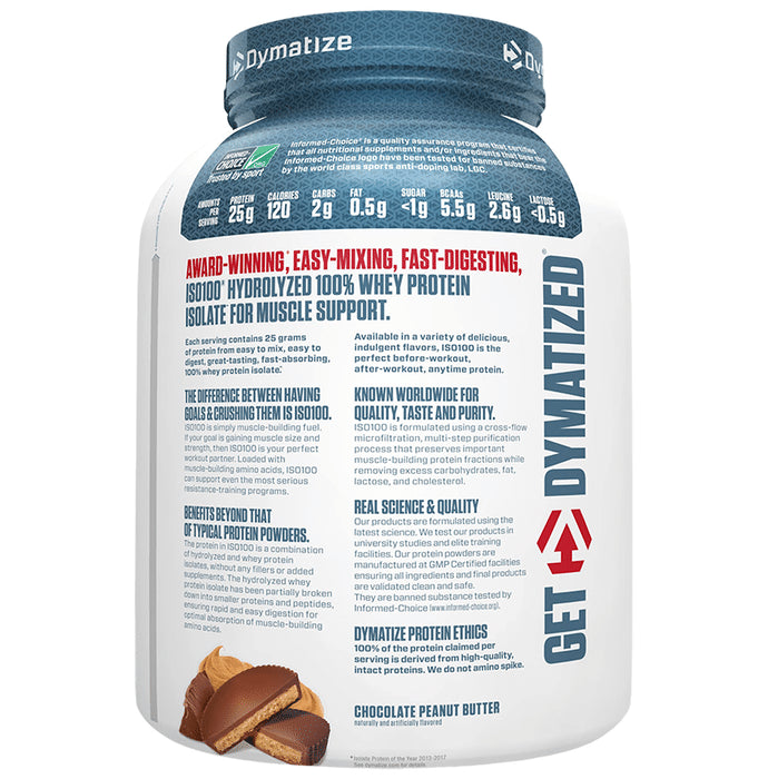 Dymatize Nutrition ISO 100 Hydrolyzed 100% Whey Protein Isloate Powder Chocolate Peanut Butter