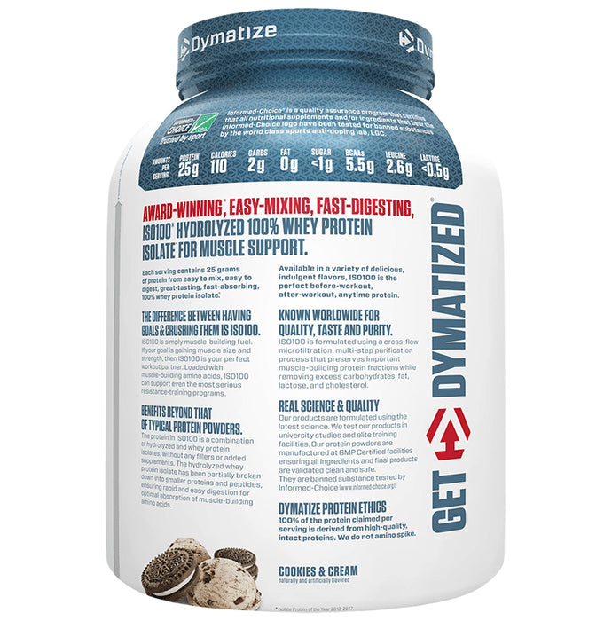 Dymatize Nutrition ISO 100 Hydrolyzed 100% Whey Protein Isloate Powder Cookies & Cream