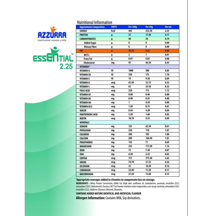 Azzurra Essential High Calorie Nutrition 2.25 | Flavour Powder Vanilla