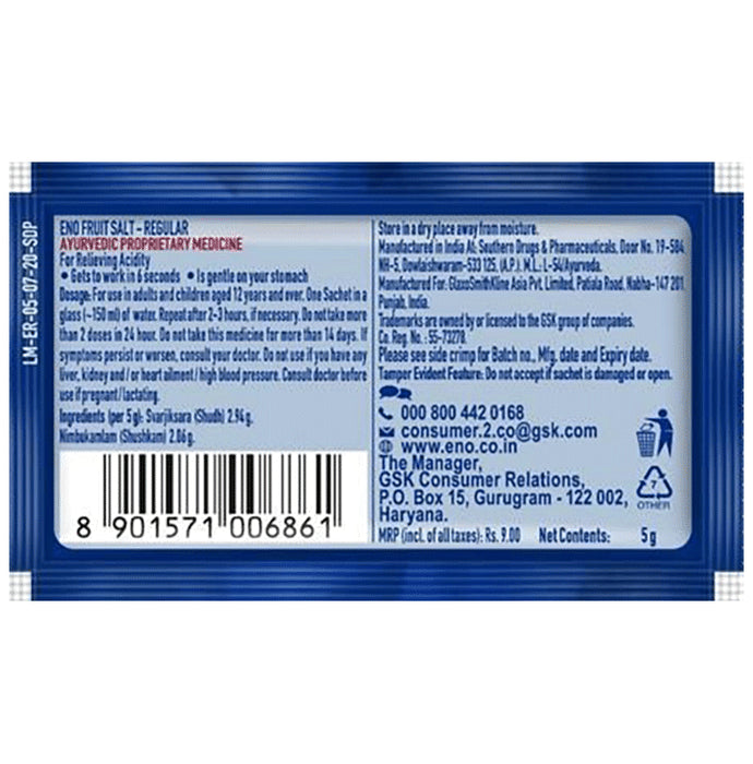 Eno Fruit Salt Sachet | Ayurvedic Acidity Relief Formula (5gm Each) | Flavour