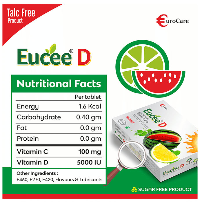 Eucee D with Vitamin D & C for Bones Watermelon Sugar Free for Immunity, Bone, Cartilage, Teeth & Gums Watermelon Tablet