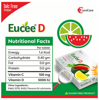 Eucee D with Vitamin D & C for Bones Watermelon Sugar Free for Immunity, Bone, Cartilage, Teeth & Gums Watermelon Tablet