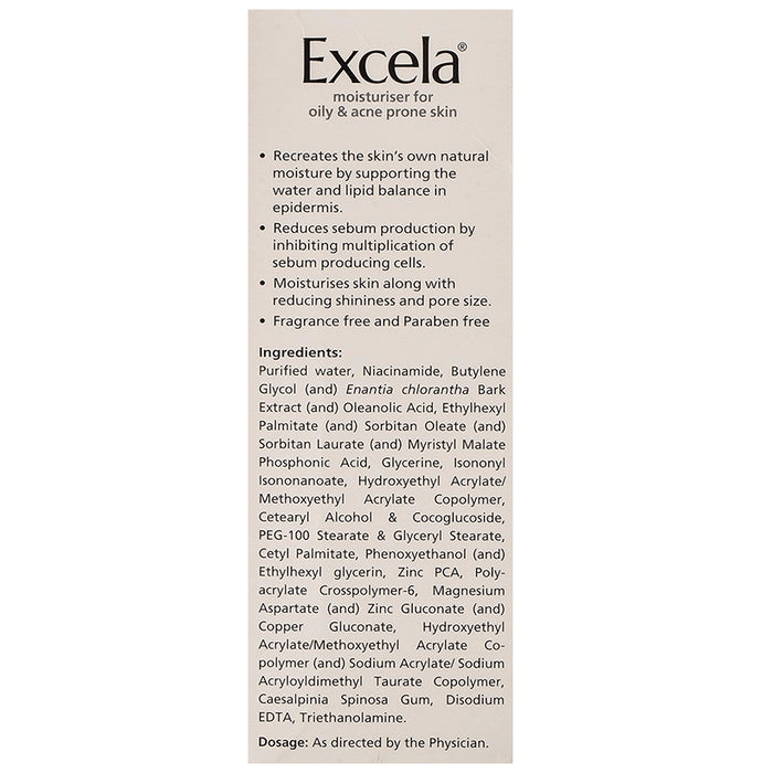 Excela Moisturiser for Oily & Acne Prone Skin | Non Comedogenic | Fragrance & Paraben Free Face Care Product | Reduces Sebum Secretion | Derma Care
