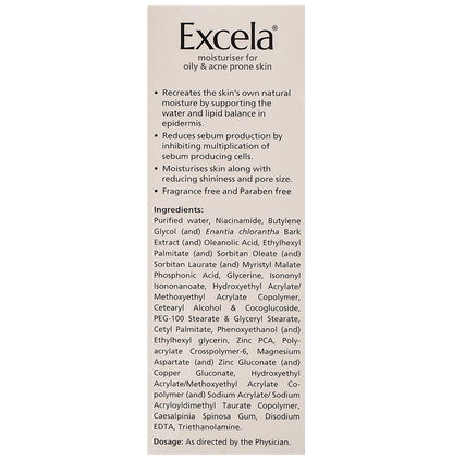 Excela Moisturiser for Oily & Acne Prone Skin | Non Comedogenic | Fragrance & Paraben Free Face Care Product | Reduces Sebum Secretion | Derma Care