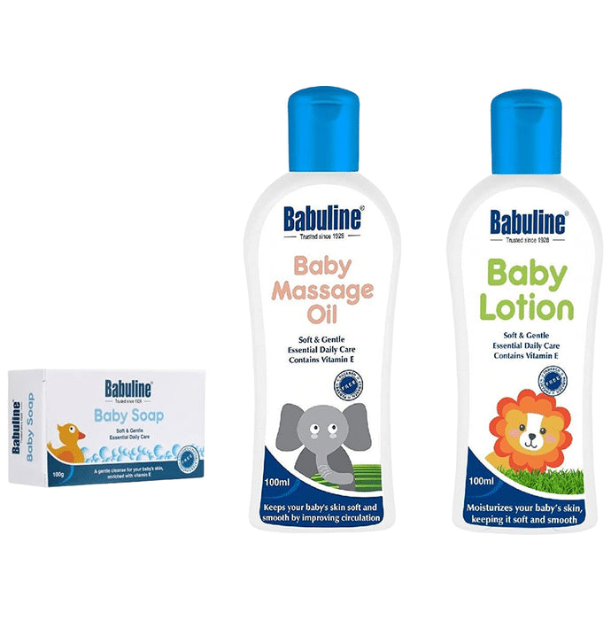 Babuline Baby Lotion 100ml Massage Oil 100ml & Soap 100gm for New Born Babies Healthcare Gift Pack Complete Bath & Skin Essentials Combo Gifting Set - Classic Derma