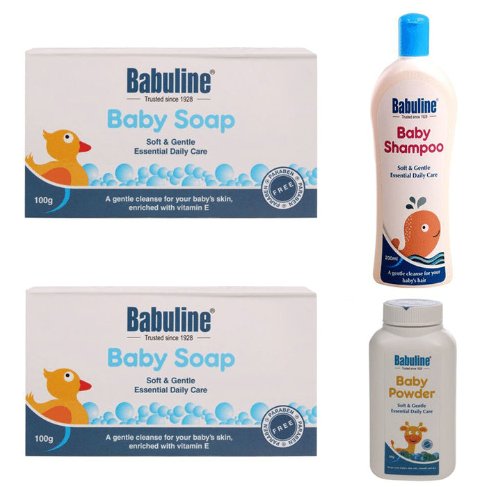 Babuline Combo Pack of 2 Baby Soap (100gm Each) & Baby Shampoo 200ml with Baby Powder 50gm Free - Classic Derma