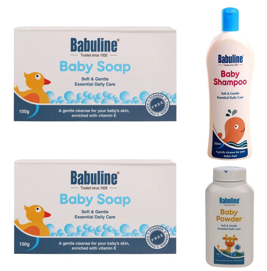 Babuline Combo Pack of 2 Baby Soap (100gm Each) & Baby Shampoo 200ml with Baby Powder 50gm Free - Classic Derma