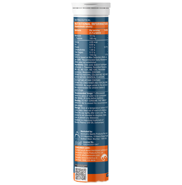 Fast&Up Melatonin 10mg + L-Theanine | Effervescent Tablet for Sleep Support | No Added Sugar | Flavour Strawberry