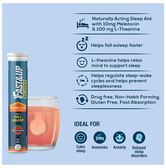 Fast&Up Melatonin 10mg + L-Theanine | Effervescent Tablet for Sleep Support | No Added Sugar | Flavour Strawberry
