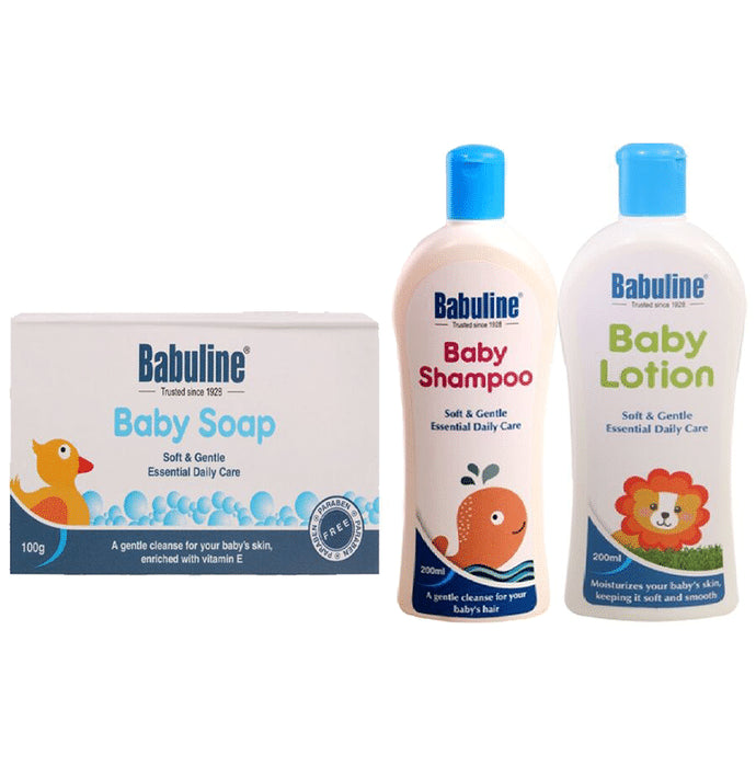 Babuline Combo Pack of Baby Shampoo 200ml, Baby Lotion 200ml, Baby Soap 100gm - Classic Derma