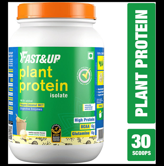 Fast&Up Plant Protein Isolate with Digestive Enzymes, 6g BCAA & 6g Glutamine | No Added Sugar | Flavour Vanilla Cupcake