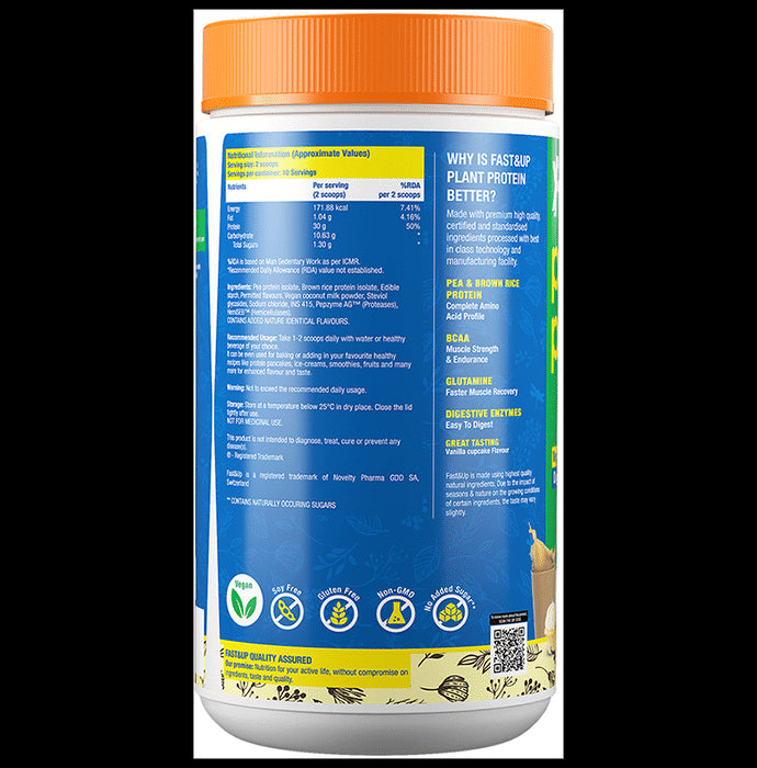Fast&Up Plant Protein Isolate with Digestive Enzymes, 6g BCAA & 6g Glutamine | No Added Sugar | Flavour Vanilla Cupcake