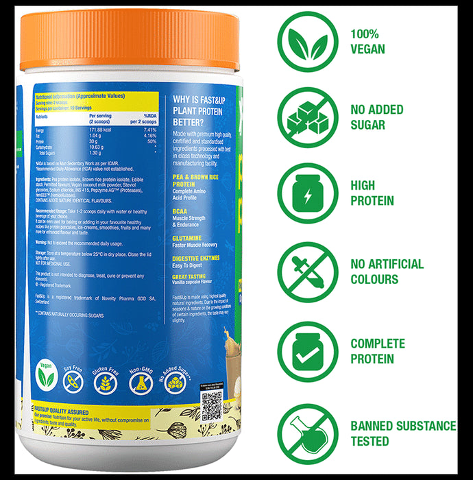 Fast&Up Plant Protein Isolate with Digestive Enzymes, 6g BCAA & 6g Glutamine | No Added Sugar | Flavour Vanilla Cupcake