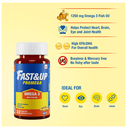Fast&Up Promega 1250mg Omega 3 Fish Oil 3:2 EPA DHA Ratio Soft Gels