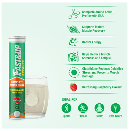 Fast&Up Recover Complete Amino Acids, 20 Amino Acids with EAA Effervescent Tablet No Added Sugar Raspberry