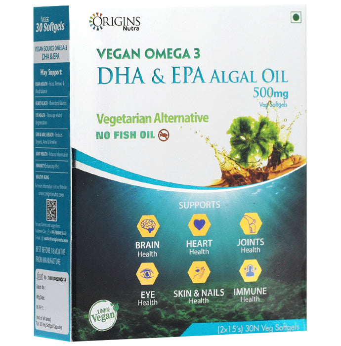 Origins Nutra Vegan Omega 3 DHA & EPA Algal Oil 500mg Veg Softgel - Classic Derma