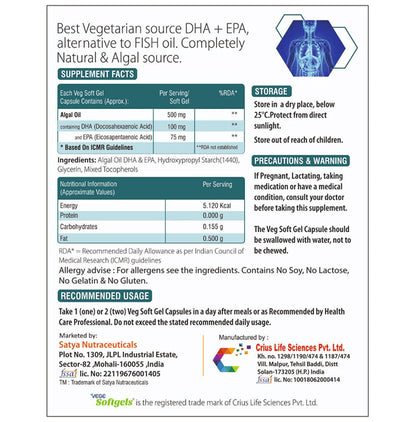 Origins Nutra Vegan Omega 3 DHA & EPA Algal Oil 500mg Veg Softgel