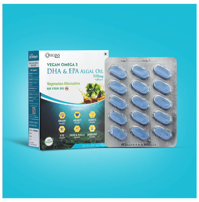 Origins Nutra Vegan Omega 3 DHA & EPA Algal Oil 500mg Veg Softgel
