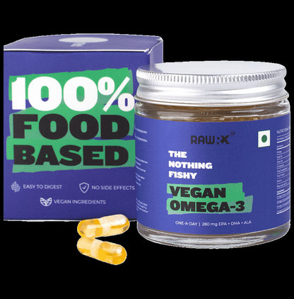 RawRX Vegan Omega 3 Fatty Acid Capsule | 280 mg EPA + DHA + ALA Formula for Heart, Hair & Joints - Classic Derma