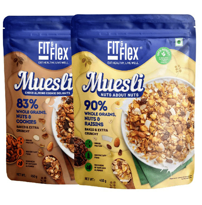 Fit & Flex Combo Pack of Muesli Choco Almond Cookie Delight & Nuts About Nuts (450gm Each) - Classic Derma