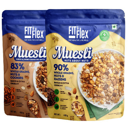 Fit & Flex Combo Pack of Muesli Choco Almond Cookie Delight & Nuts About Nuts (450gm Each) - Classic Derma