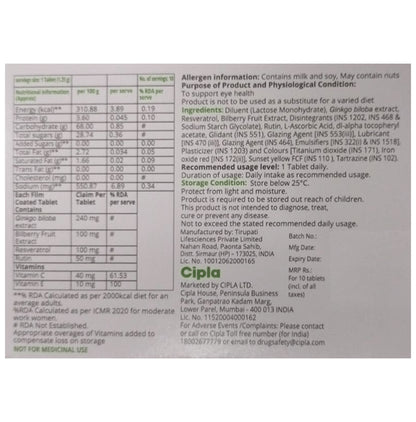 Fit Eye Tablet with Vitamins, Resveratrol, Rutin, Ginkgo Biloba & Bilberry Extracts