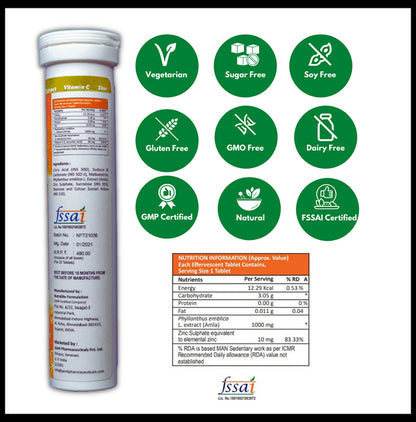 Fitzzi Amla Extract 1000mg, Vitamin C & Zinc Effervescent Tablet
