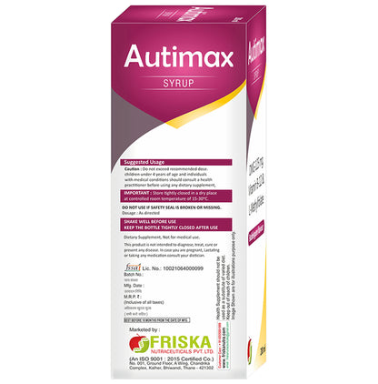 Friska Auti Max Syrup with DMG, Vitamin B12 & L-MethylFolate | Flavour Bubblegum