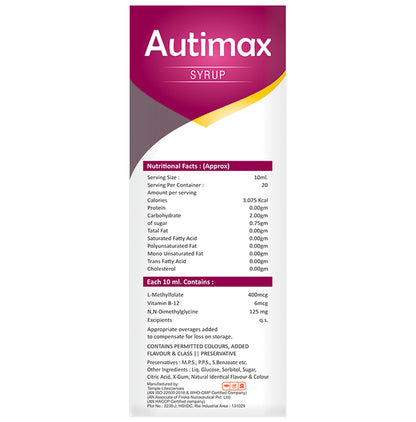 Friska Auti Max Syrup with DMG, Vitamin B12 & L-MethylFolate | Flavour Bubblegum