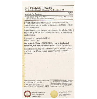 Future Biotics Certified Organic Folic Acid 800 mcg Vegetarian Tablet