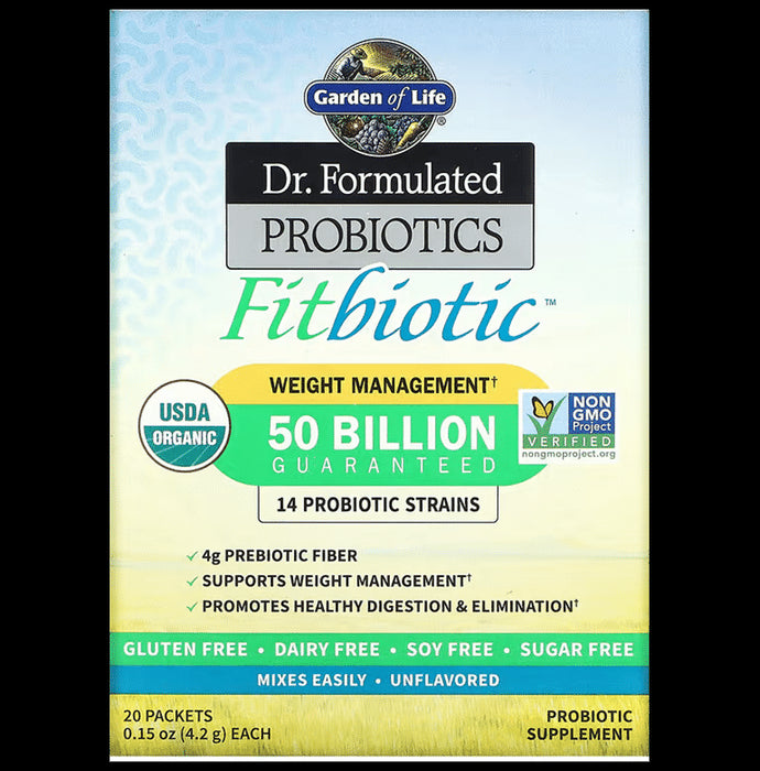 Garden of Life Dr. Formulated Probiotics Fitbiotic 14 Probiotic Strains Packets (4.2gm Each) Gluten and Sugar Free - Classic Derma