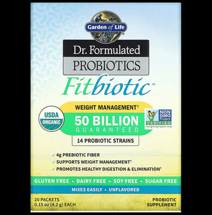 Garden of Life Dr. Formulated Probiotics Fitbiotic 14 Probiotic Strains Packets (4.2gm Each) Gluten and Sugar Free - Classic Derma