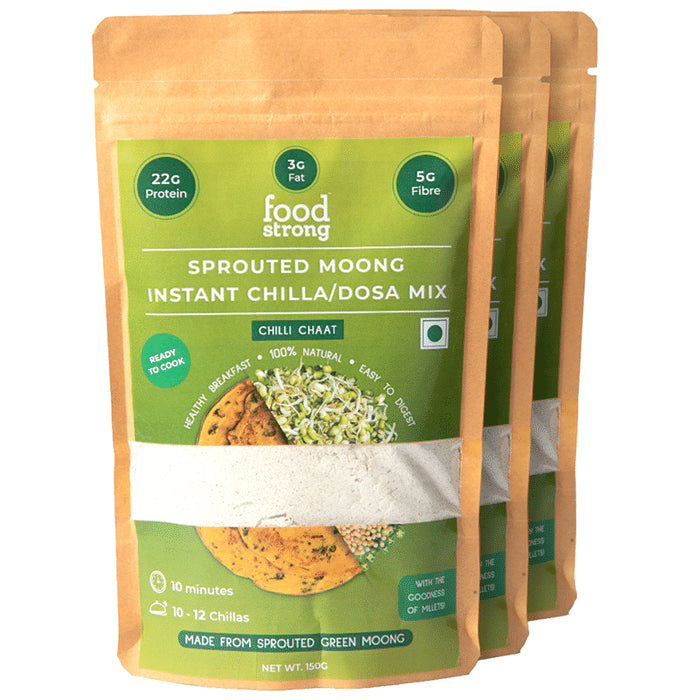 Foodstrong Sprouted Moong Instant Chilla/Dosa Mix (150gm Each) Chilli Chaat - Classic Derma