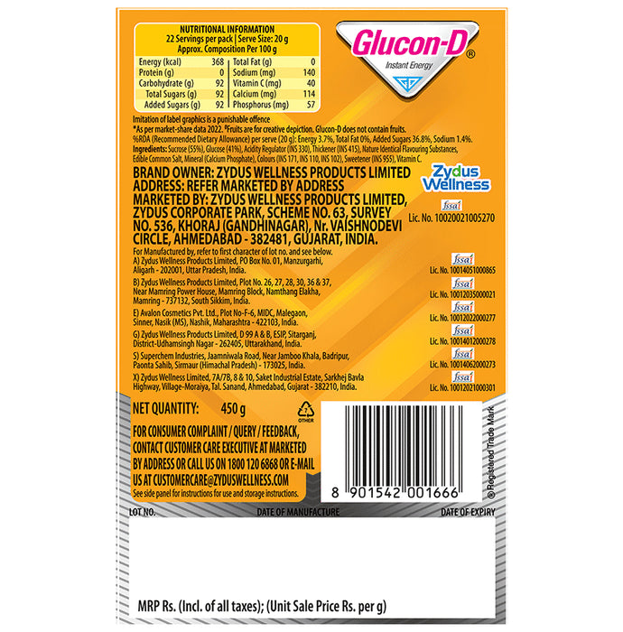 Glucon-D with Glucose, Calcium, Vitamin C & Sucrose | Nutrition Booster Mango Burst