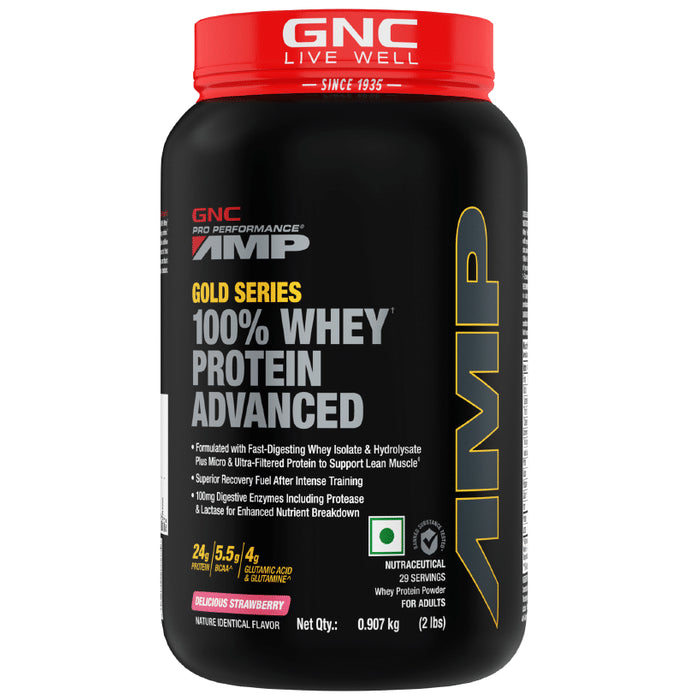 GNC Amp Gold 100% Whey Protein Advanced Powder with Digestive Enzymes | For Lean Muscles | Flavour Delicious Strawberry - Classic Derma