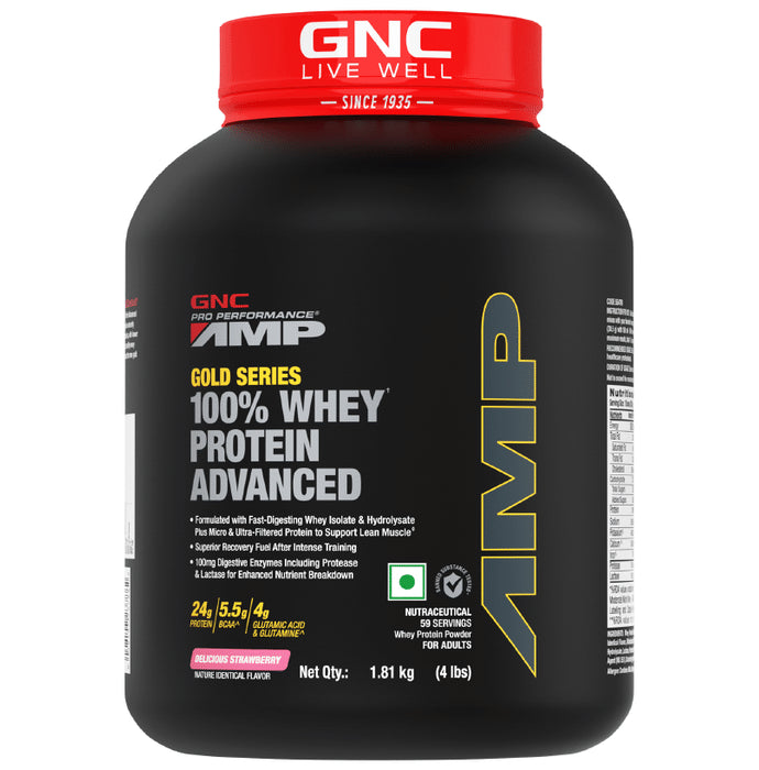 GNC Amp Gold 100% Whey Protein Advanced Powder with Digestive Enzymes | For Lean Muscles | Flavour Powder Delicious Strawberry - Classic Derma